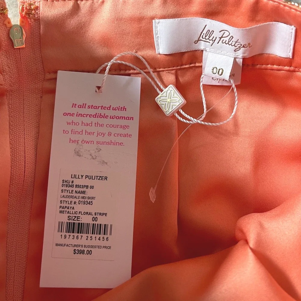 Lilly Pulitzer Lauderdale Midi Skirt Papaya 00 Orange Pink Gold Floral Metallic